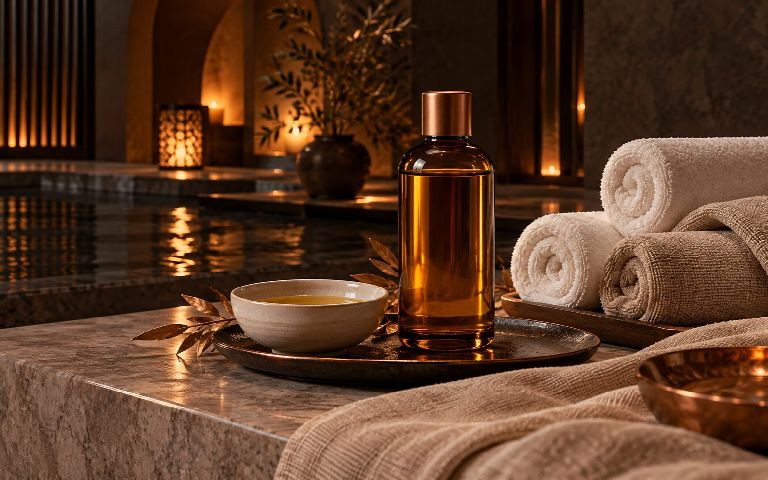 Иллюстрация: масло, полотенца и тёплый свет в SPA