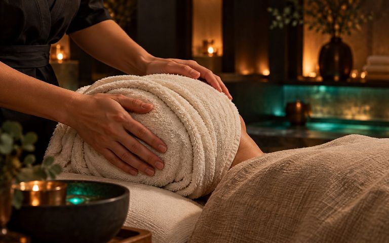 Иллюстрация: руки мастера и тёплое полотенце в спокойной SPA-атмосфере