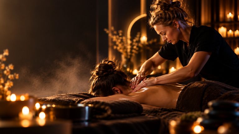 Мастер SPA CITY делает массаж спины и шеи гостье при тёплом свете