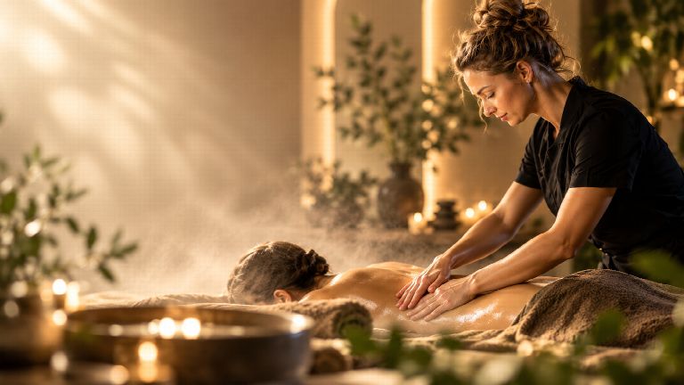 Мастер SPA CITY делает классический массаж спины в светлом тёплом кабинете