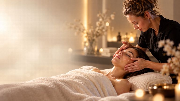 Мастер SPA CITY делает массаж лица гостье в светлом кабинете