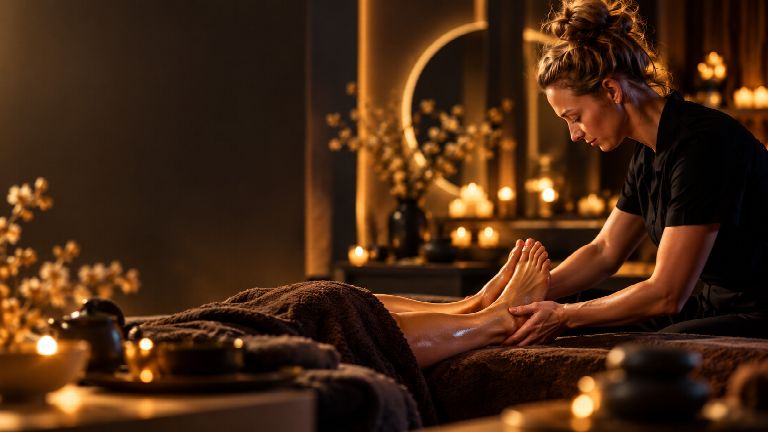 Мастер SPA CITY делает массаж стоп в тёплом полумраке