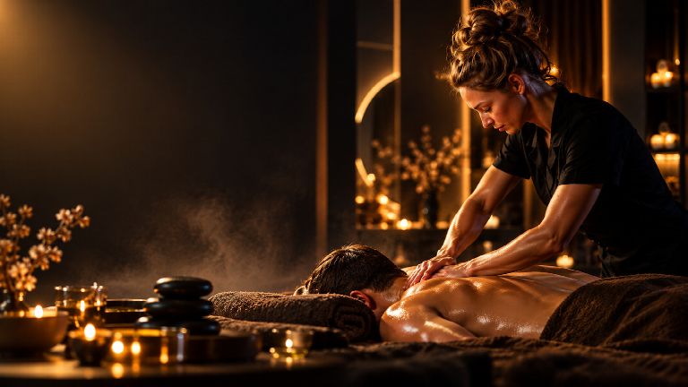 Мастер SPA CITY делает спортивный массаж спины гостю в тёплом полумраке
