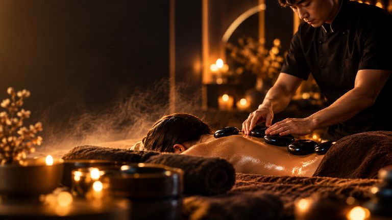 Мастер SPA CITY выкладывает тёплые базальтовые камни на спину гостя