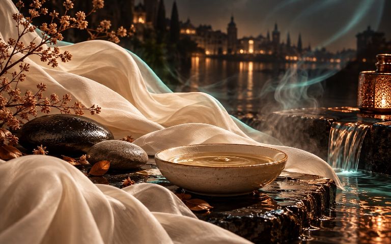 Иллюстрация: ночной город, лёгкие ткани и тёплая вода — образ лёгкости