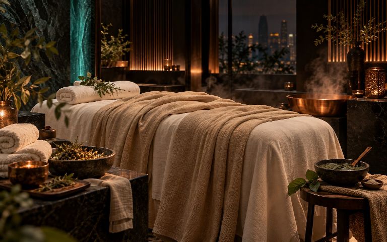 Иллюстрация: массажный стол с мягкими тканями для SPA-обёртывания